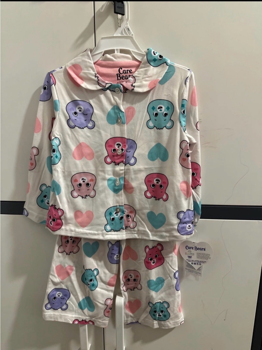 Care Bears White Pajama Set with Pink, Blue & Purple Hearts and Characters